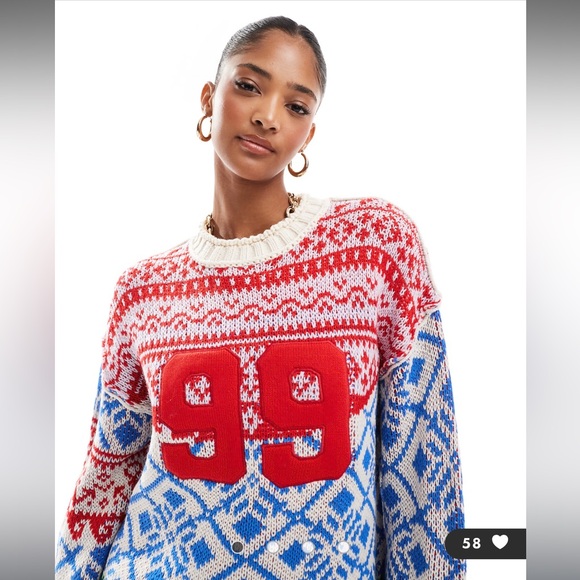 ASOS DESIGN oversized patchwork fairisle festive sweater in blue and red SMALL - Picture 2 of 9